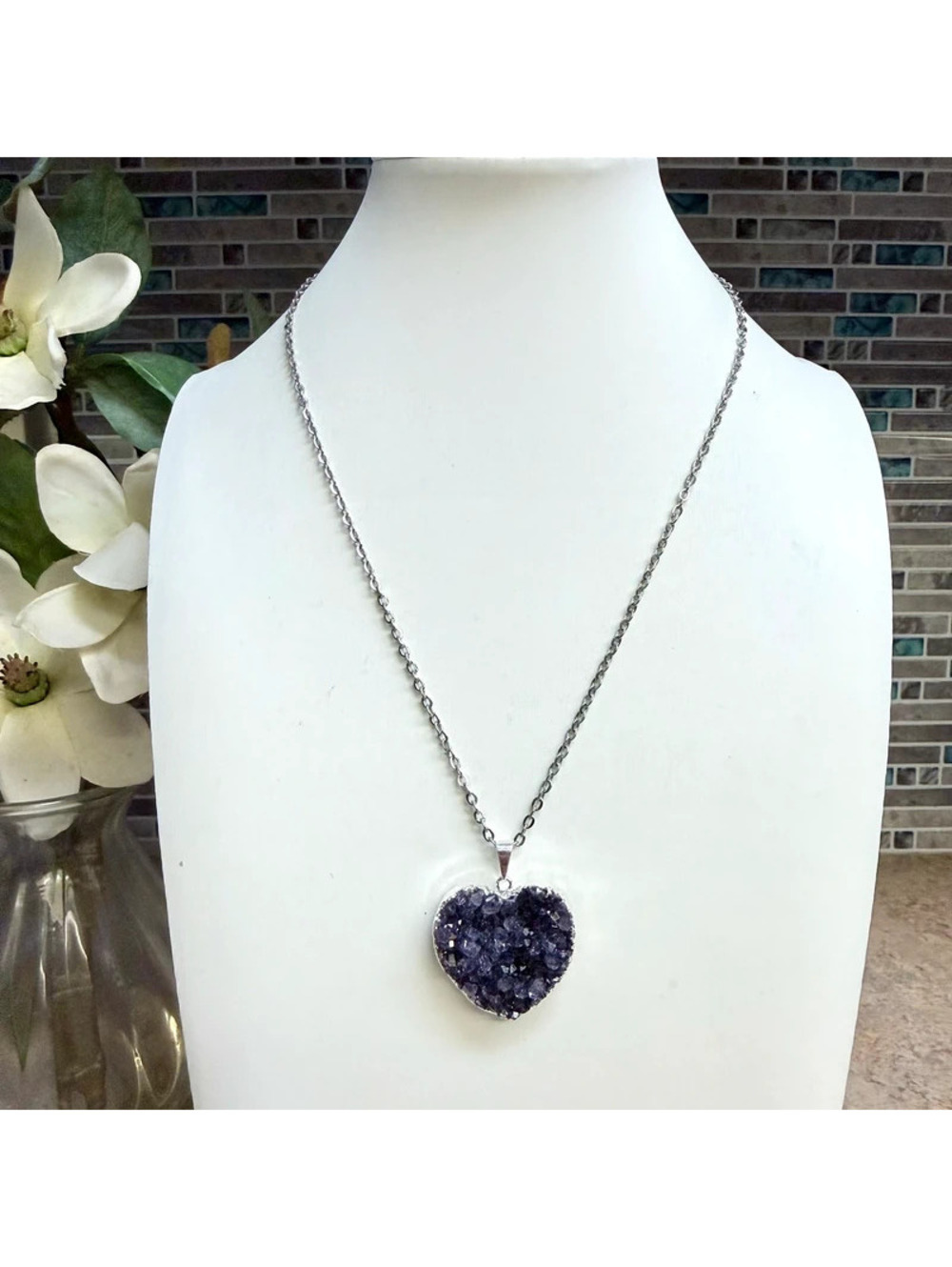 Natural Purple Amethyst Crystal Heart Gemstone Pendant Necklace